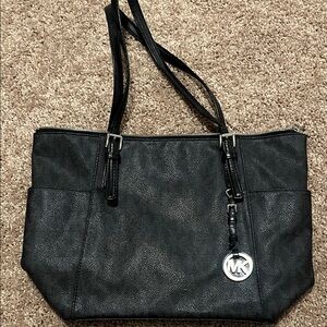 Michael Kors Black Pebbled Leather Double-Handle Tote with MK Pendant